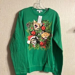 CELEBRATE TOGETHER SINGING CAT CHRISTMAS SWEATSHIRT: GREEN: NWT: SZ XL